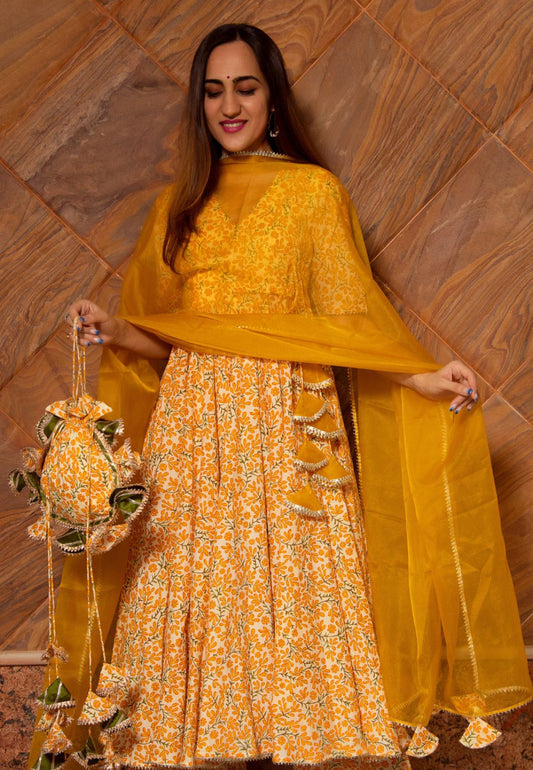 YELLOW BLOCKPRINT COTTON ANGRAKHA SET