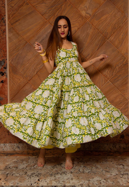 YELLOW GREEN TIERED ANARKALI SUIT SET