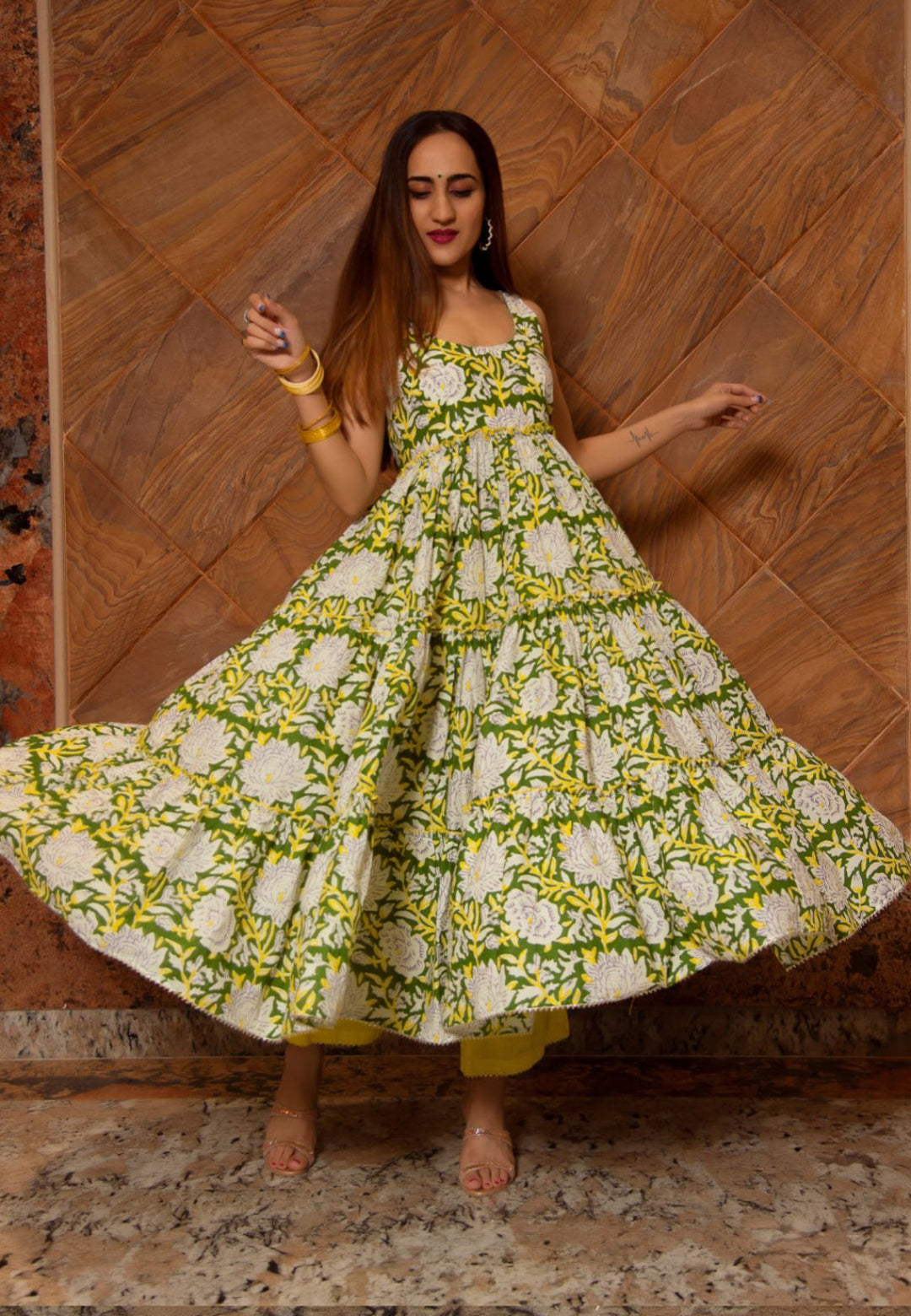 YELLOW GREEN TIERED ANARKALI SUIT SET