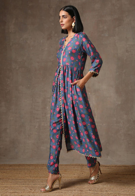 BLUE PINK MUSLIN SILK SLIT KURTA SET