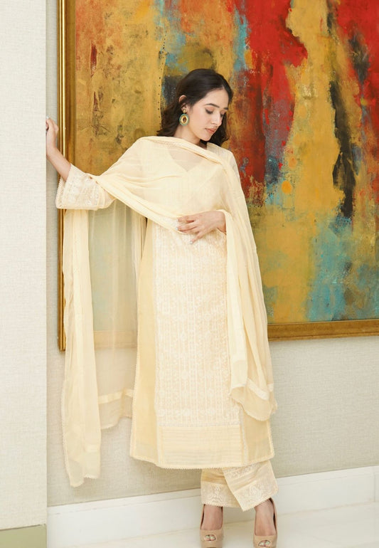 YELLOW CHANDERI CHIKANKARI SUIT SET