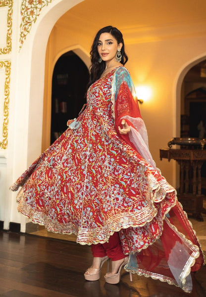 RED STELLA COTTON ANARKALI SUIT SET