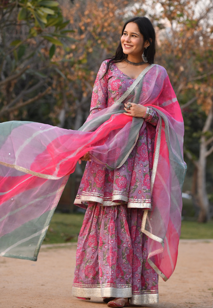 PURPLE PINK  CHANDRA CHANDERI SHARARA SET