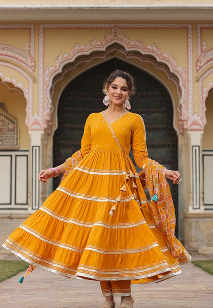 MUSTARD YELLOW TIERED ANARKALI SUIT SET
