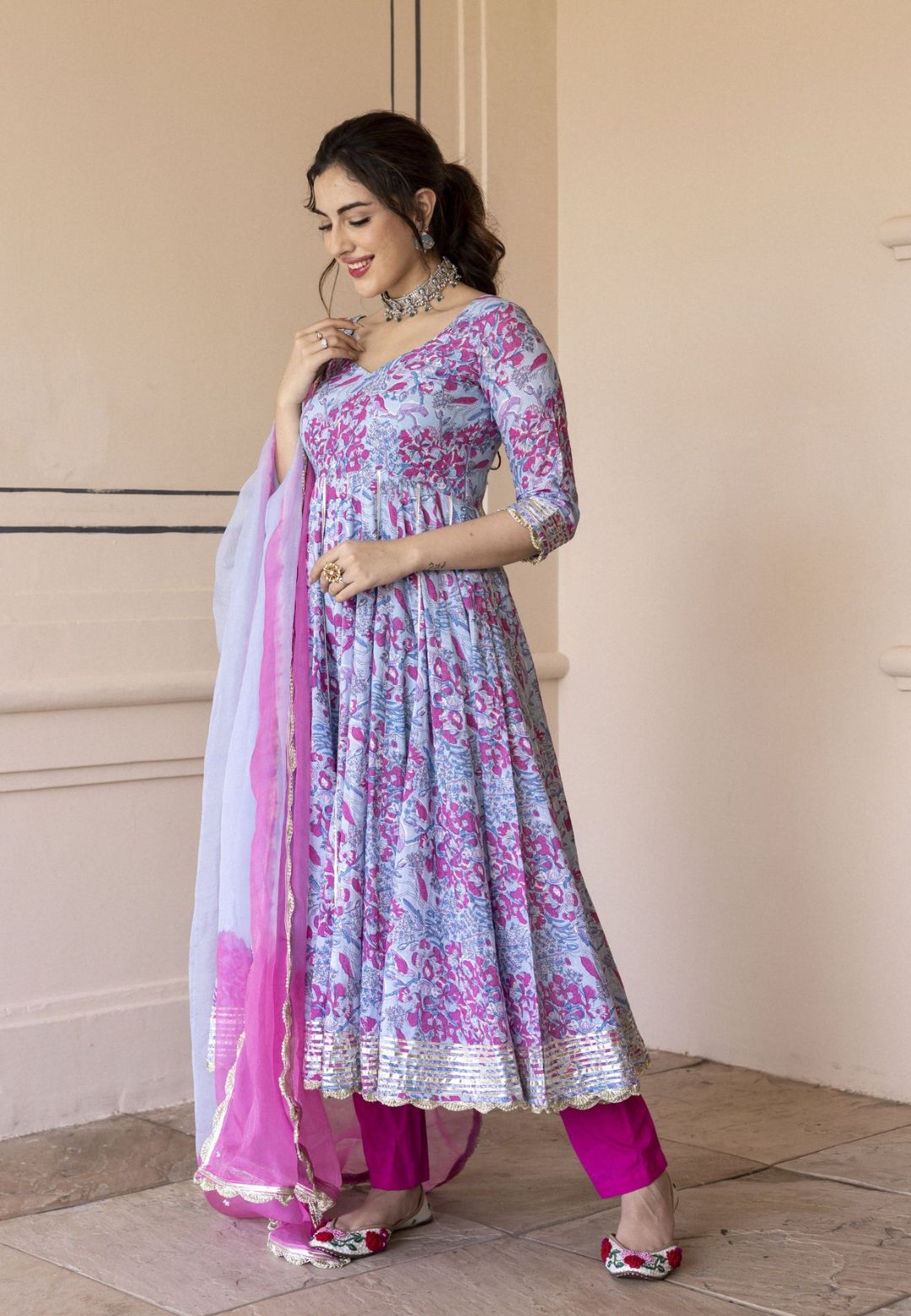 BLUE PINK SIRIA COTTON ANARKALI SUIT SET