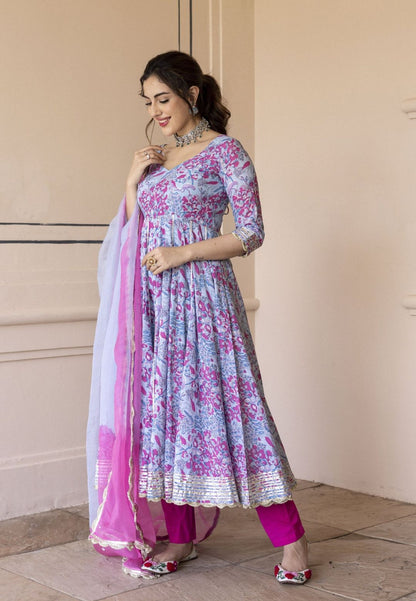 BLUE PINK SIRIA COTTON ANARKALI SUIT SET