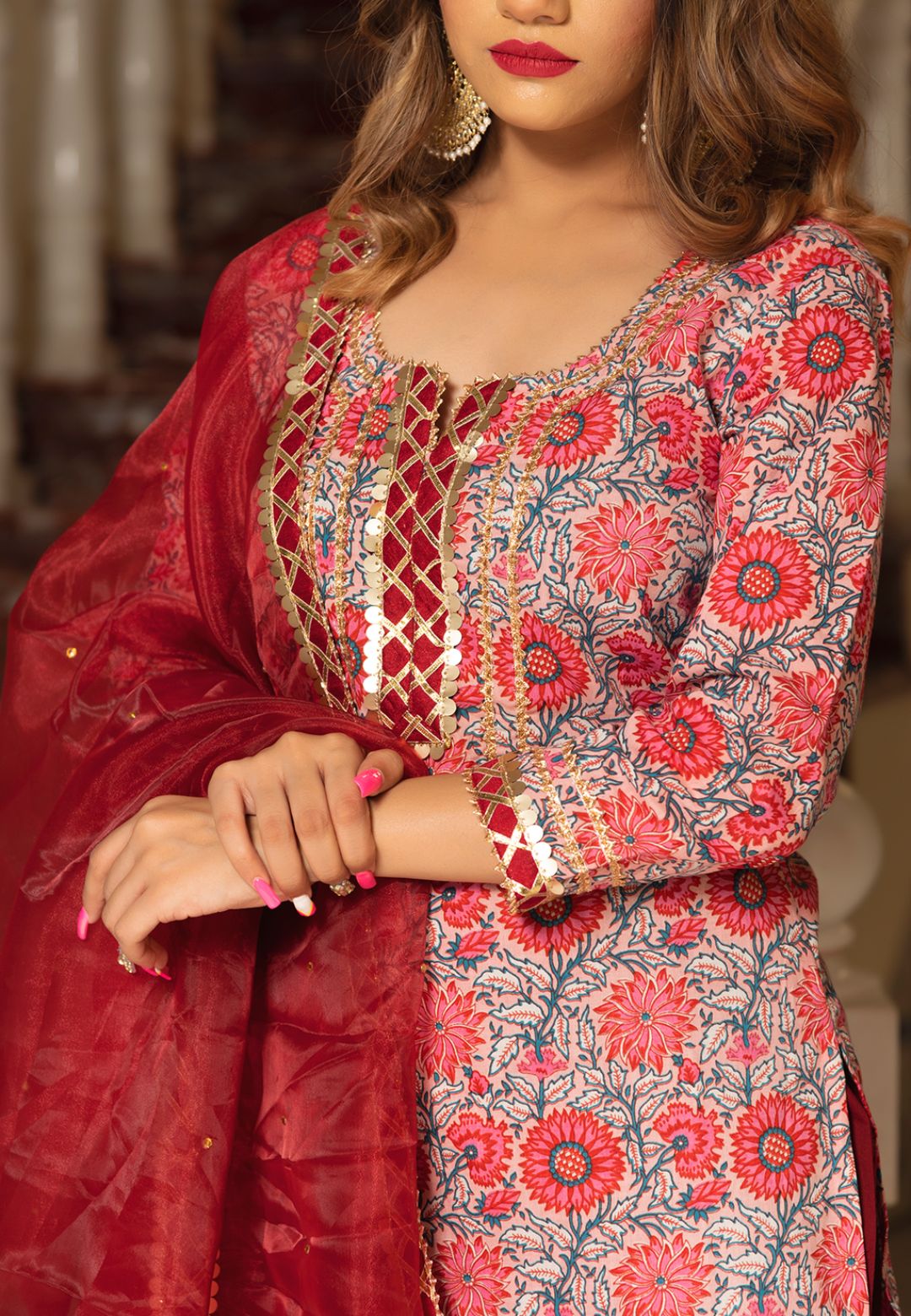 RED FLORAL STRAIGHT SUIT SET