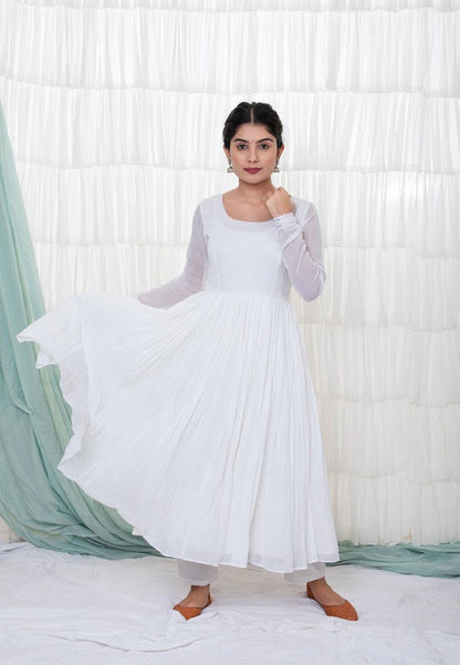 WHITE MULMUL ANARKALI SUIT SET