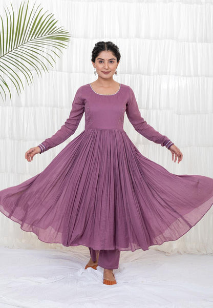 PURPLE LAVENDER MUL MUL ANARKALI SUIT SET