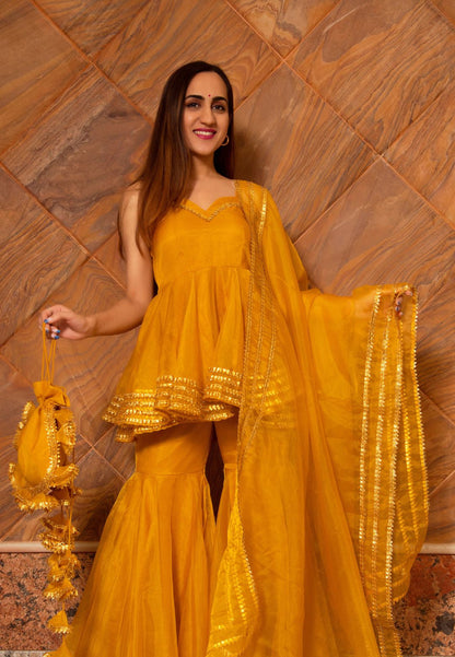 MUSTARD YELLOW ORGANZA SHARARA SET