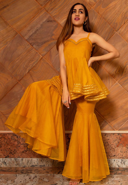 MUSTARD YELLOW ORGANZA SHARARA SET