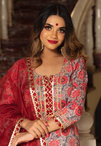 RED FLORAL STRAIGHT SUIT SET