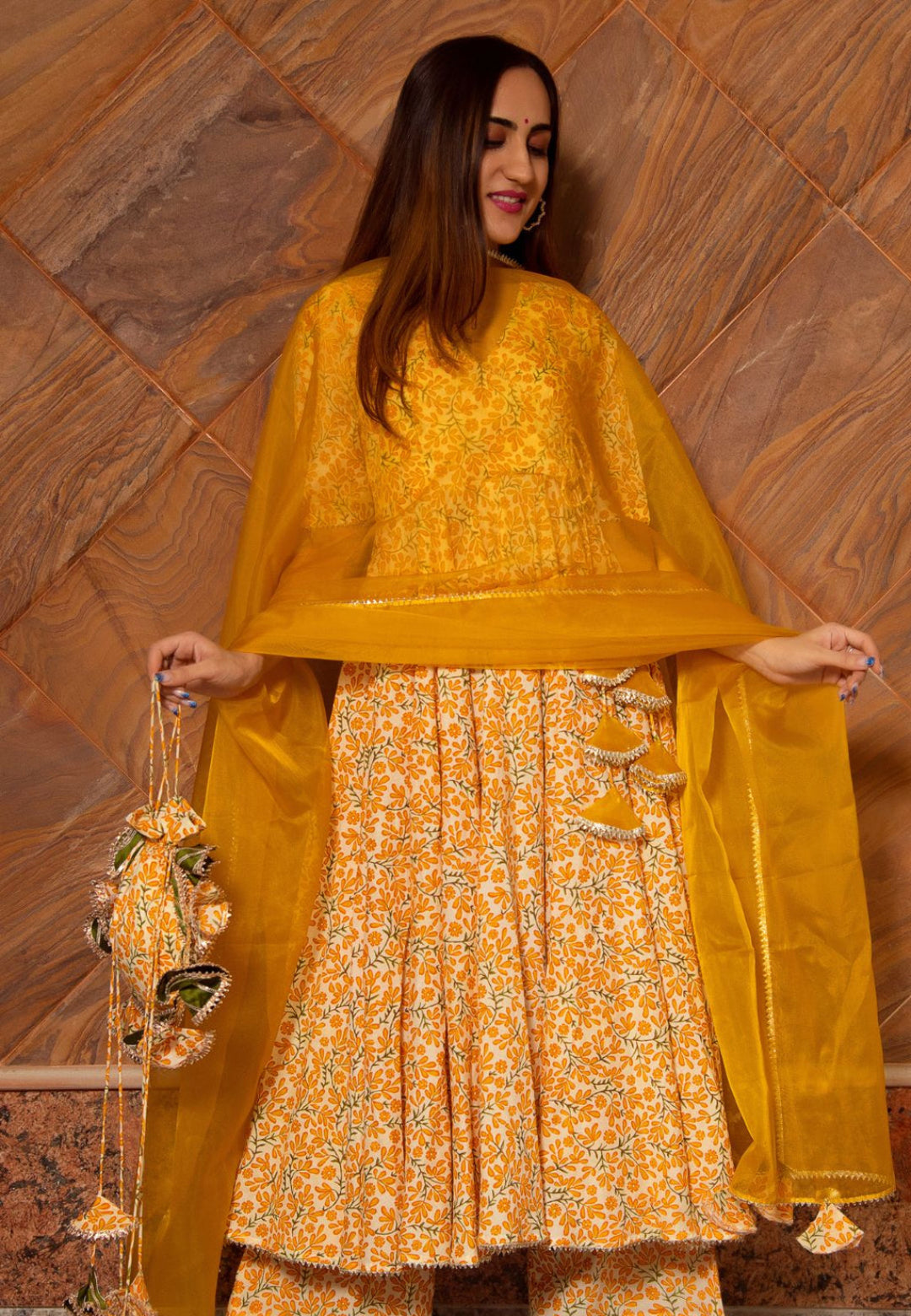 YELLOW BLOCKPRINT COTTON ANGRAKHA SET