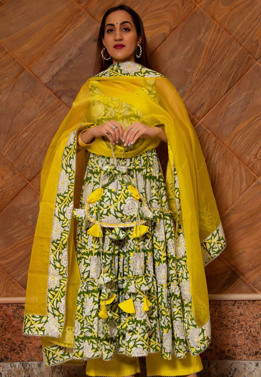 YELLOW GREEN TIERED ANARKALI SUIT SET