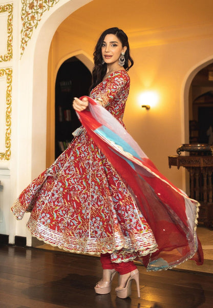 RED STELLA COTTON ANARKALI SUIT SET