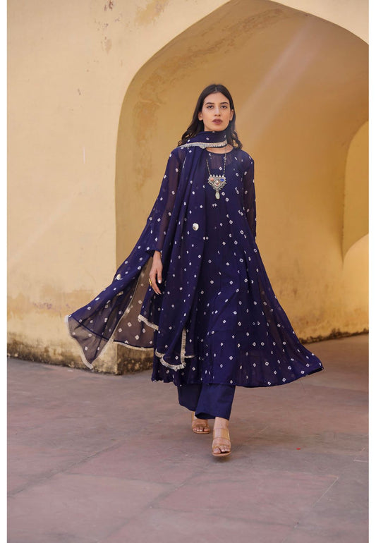 BLUE BANDHANI GEORGETTE ANARKALI SUIT SET