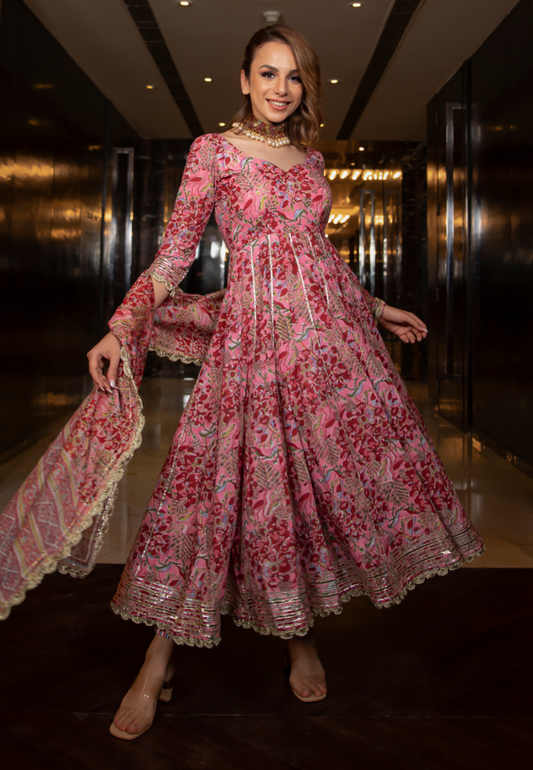 PINK BLOOM FLORAL GOTAPATTI ANARKALI SUIT SET