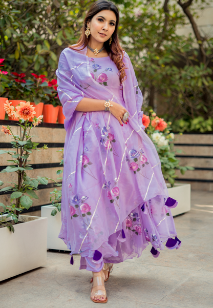 LILAC PURPLE HANDAPAINTED ANARKALI SUIT SET