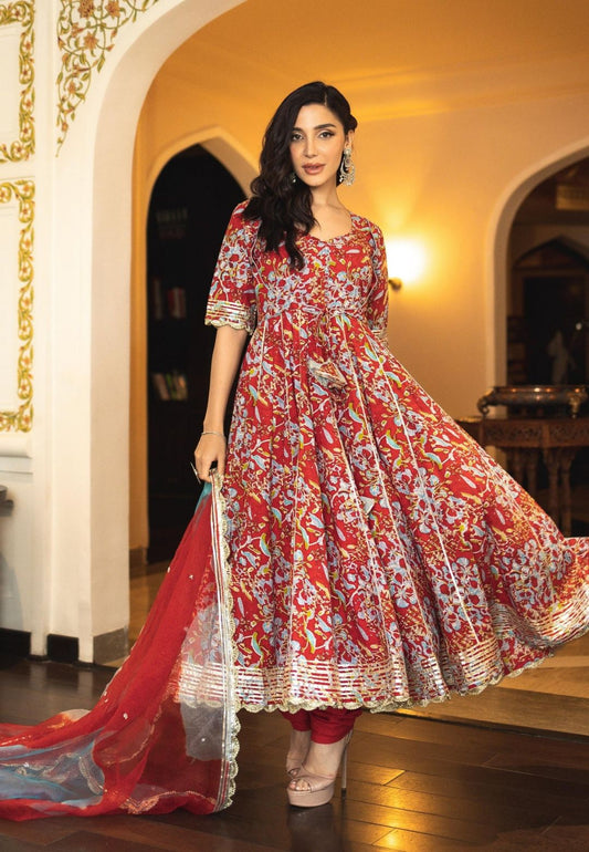 RED STELLA COTTON ANARKALI SUIT SET