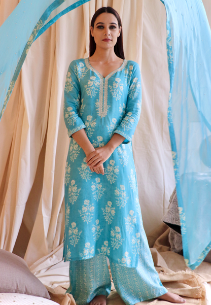 BLUE MUSLIN HAND-EMBROIDERED SUIT SET