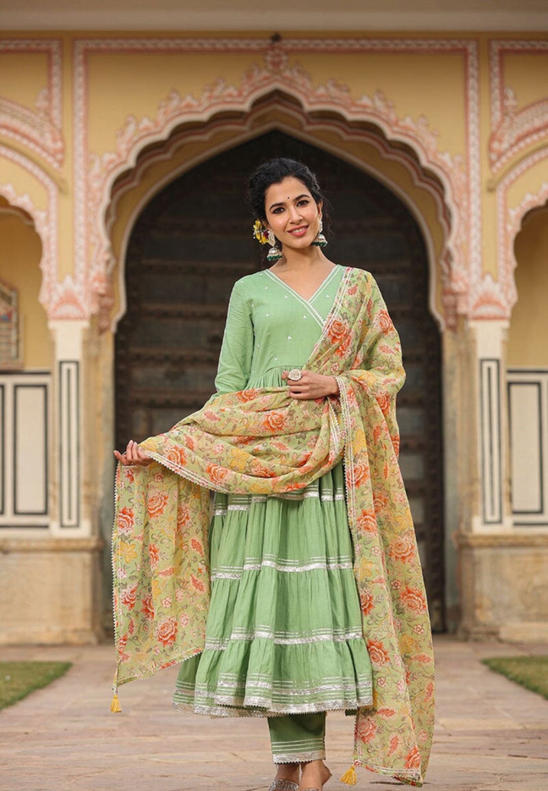 GREEN ZARA TIERED ANARKALI SUIT SET