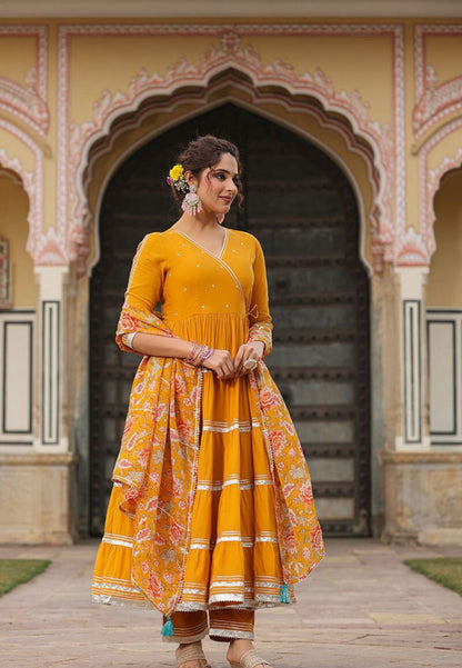 MUSTARD YELLOW TIERED ANARKALI SUIT SET