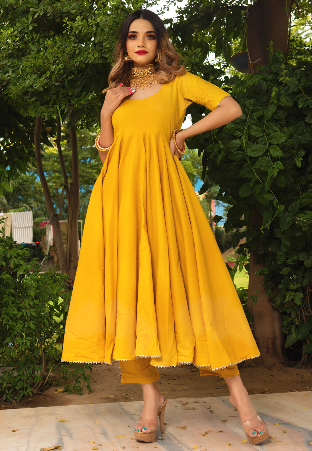 YELLOW LEHERIYA COTTON ANARKALI SUIT SET