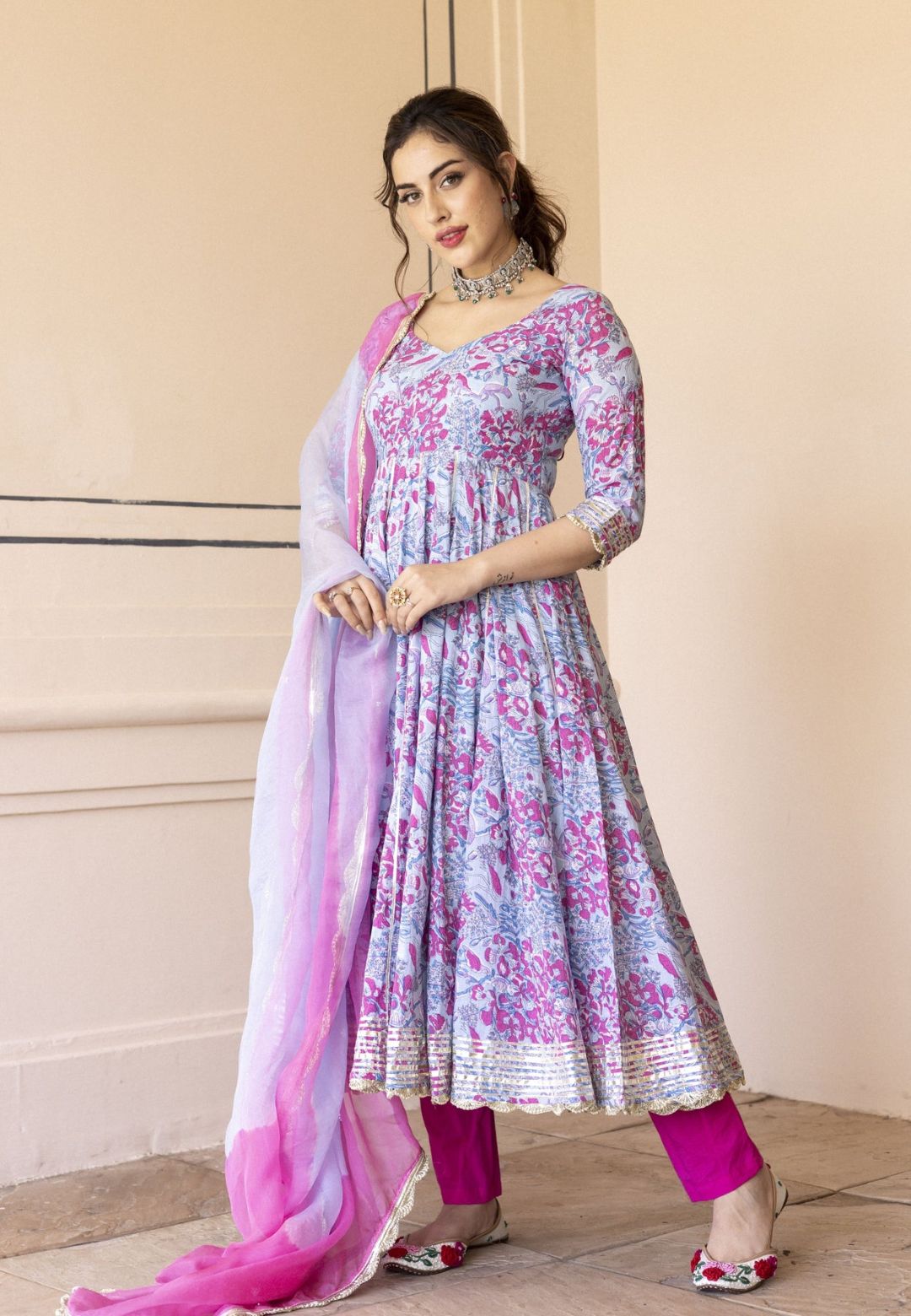 BLUE PINK SIRIA COTTON ANARKALI SUIT SET