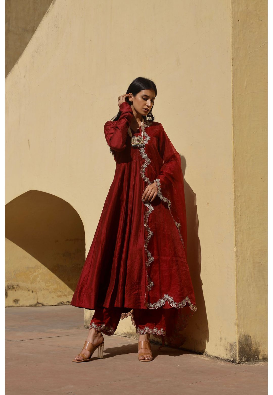 MAROON CHANDERI ANARKALI SUIT SET