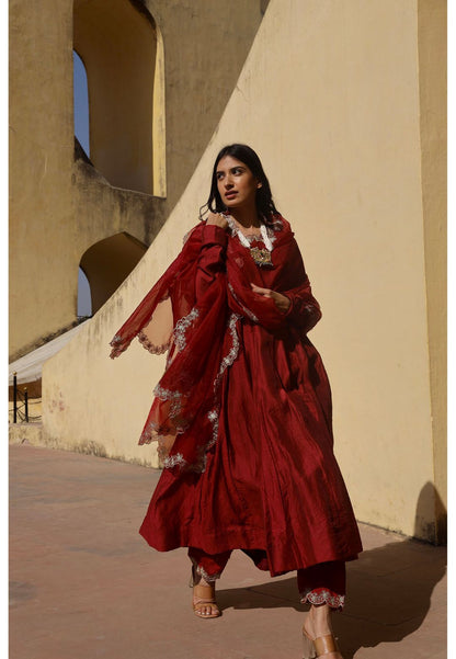 MAROON CHANDERI ANARKALI SUIT SET