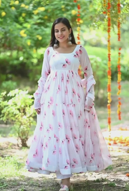 WHITE TULIP CHIFFON ANARKALI SUIT SET