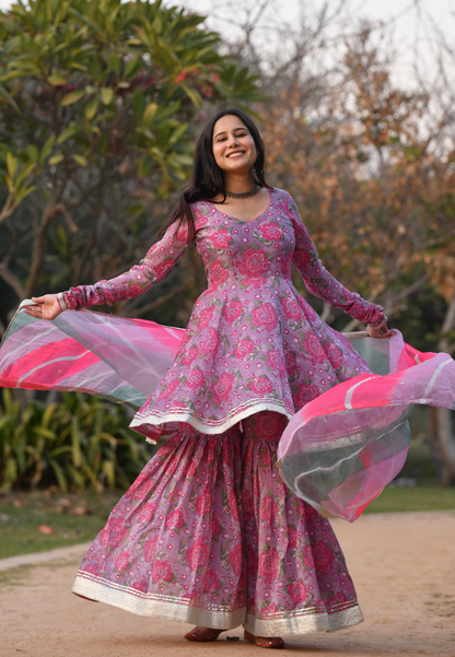 PURPLE PINK  CHANDRA CHANDERI SHARARA SET