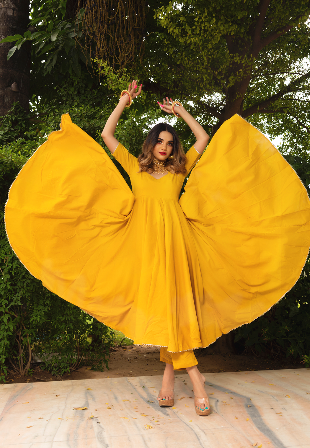 YELLOW LEHERIYA COTTON ANARKALI SUIT SET