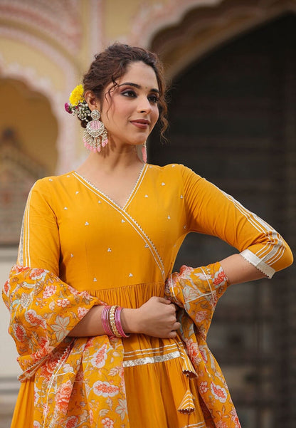 MUSTARD YELLOW TIERED ANARKALI SUIT SET