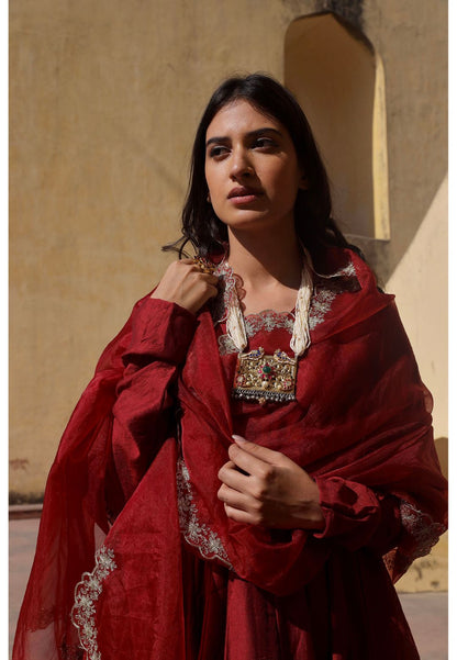MAROON CHANDERI ANARKALI SUIT SET