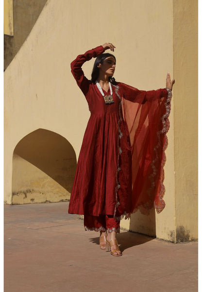 MAROON CHANDERI ANARKALI SUIT SET