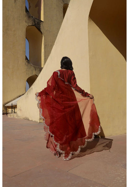 MAROON CHANDERI ANARKALI SUIT SET