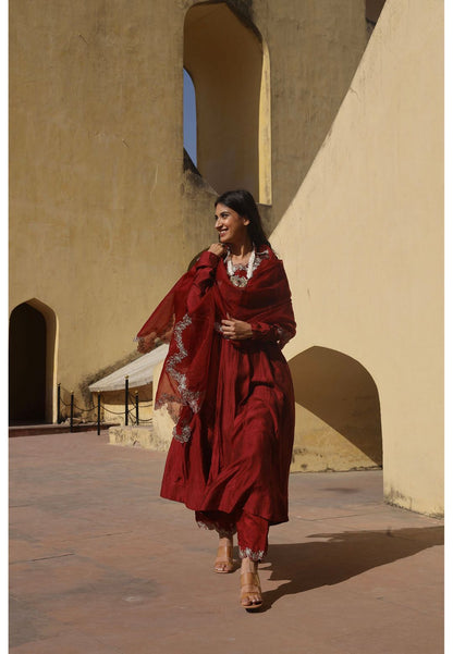 MAROON CHANDERI ANARKALI SUIT SET