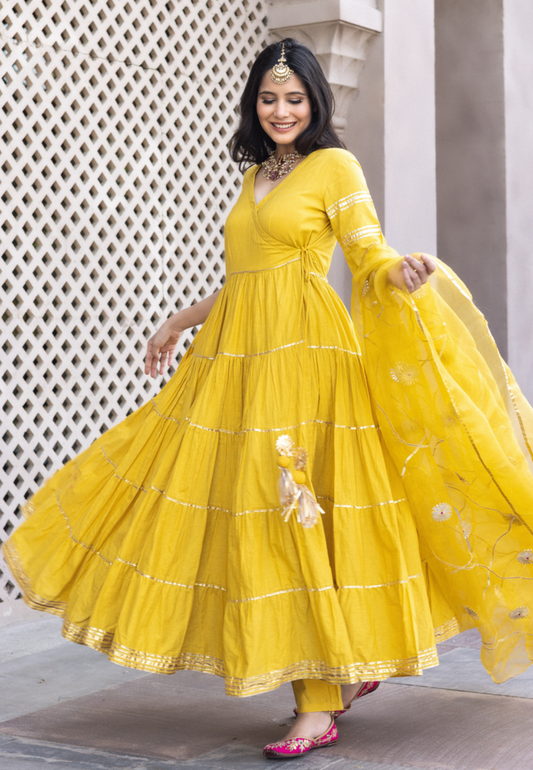 MUSTARD YELLOW COTTON ANARKALI SUIT SET