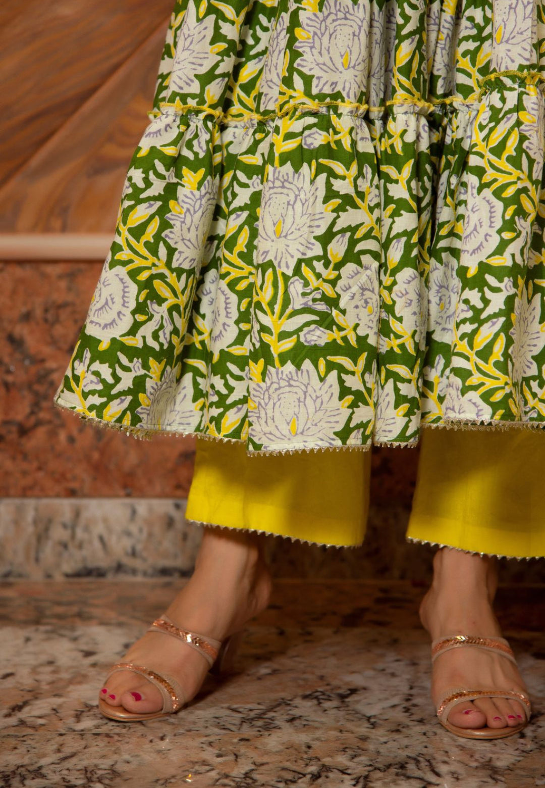 YELLOW GREEN TIERED ANARKALI SUIT SET