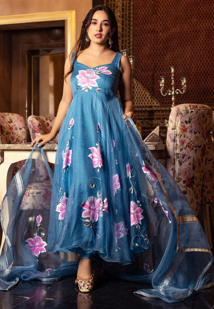 BLUE ZARQA ORGANZA ANARKALI SUIT SET