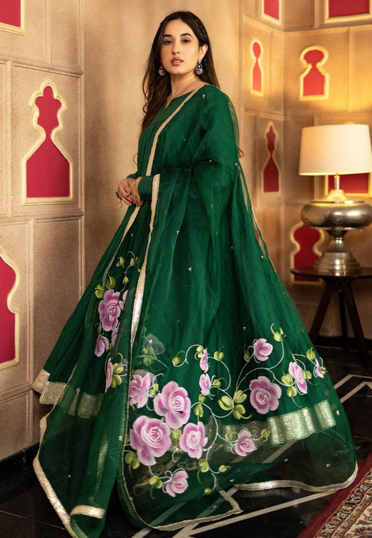 BOTTLE GREEN CHANDERI ANARKALI SUIT SET