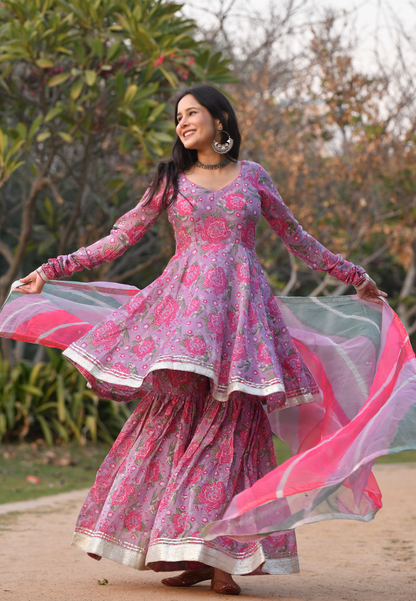 PURPLE PINK  CHANDRA CHANDERI SHARARA SET