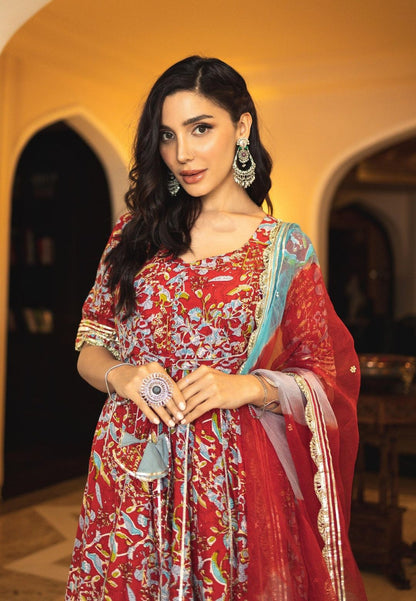 RED STELLA COTTON ANARKALI SUIT SET