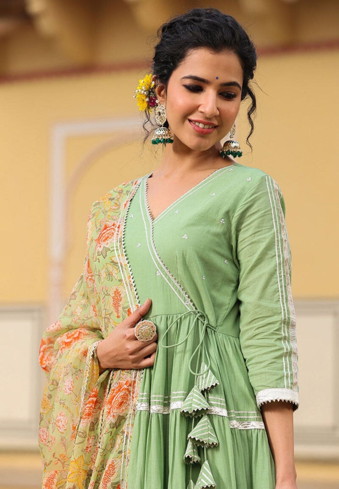 GREEN ZARA TIERED ANARKALI SUIT SET