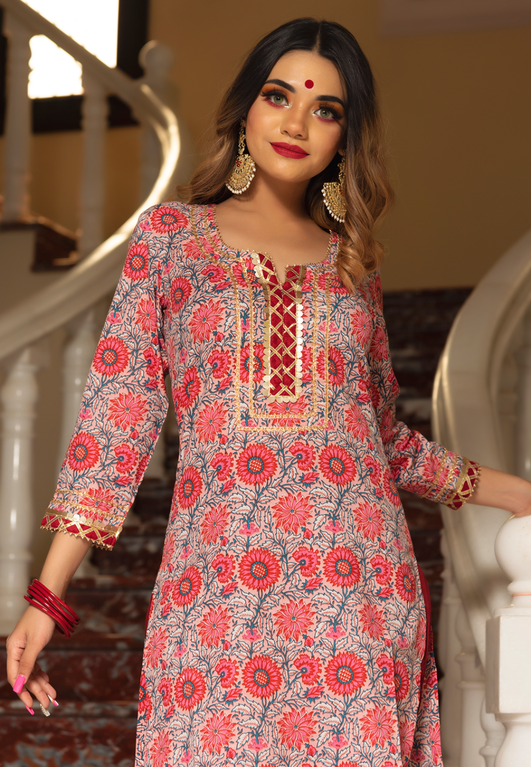 RED FLORAL STRAIGHT SUIT SET