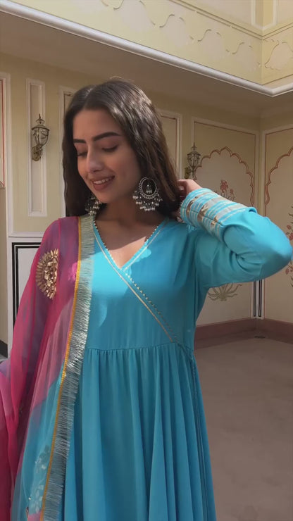 SKY BLUE GOTAPATTI COTTON ANARKALI SUIT SET