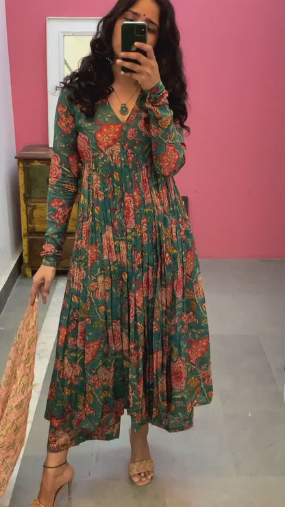 DARK GREEN FLORAL ANARKALI SUIT SET