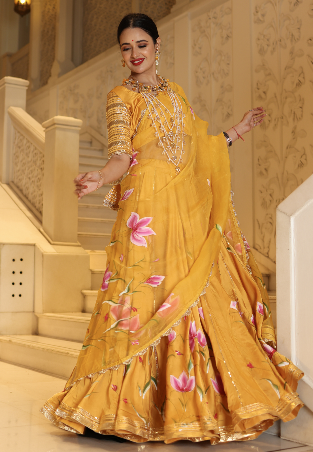 YELLOW GOTAPATTI HANDPAINTED LEHENGA SET