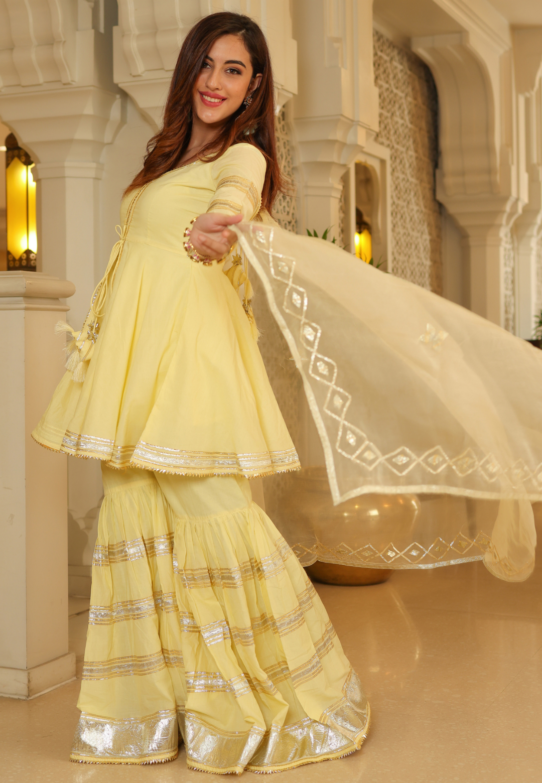 PASTEL YELLOW GOTAPATTI COTTON SHARARA SET